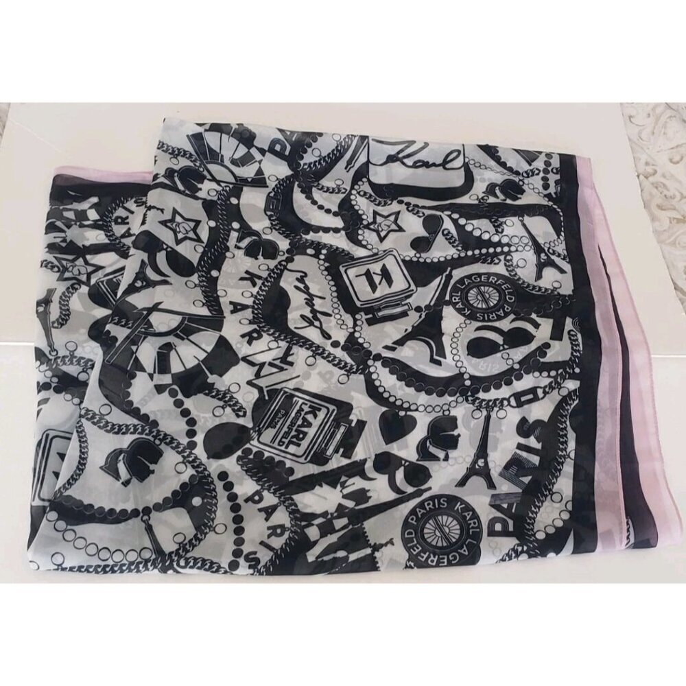 NWT KARL LAGERFELD PARIS ICON MONOGRAM PRINT BLACK GREY SCARF WRAP 35×72 - Picture 3 of 6